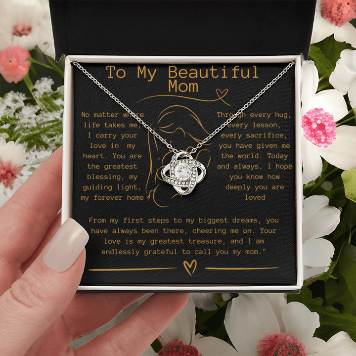 "To My Beautiful Mom" Mother's Day Necklace- Love Knot Necklace- Silver