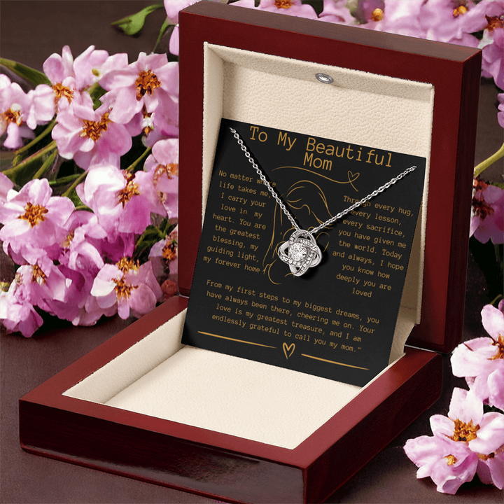 "To My Beautiful Mom" Mother's Day Necklace- Love Knot Necklace- Silver